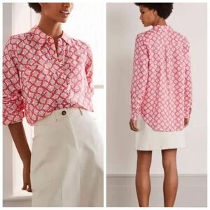 Boden Coral Button Up 100% Linen Top US 4P Pink Long Roll Tab Sleeve Collar